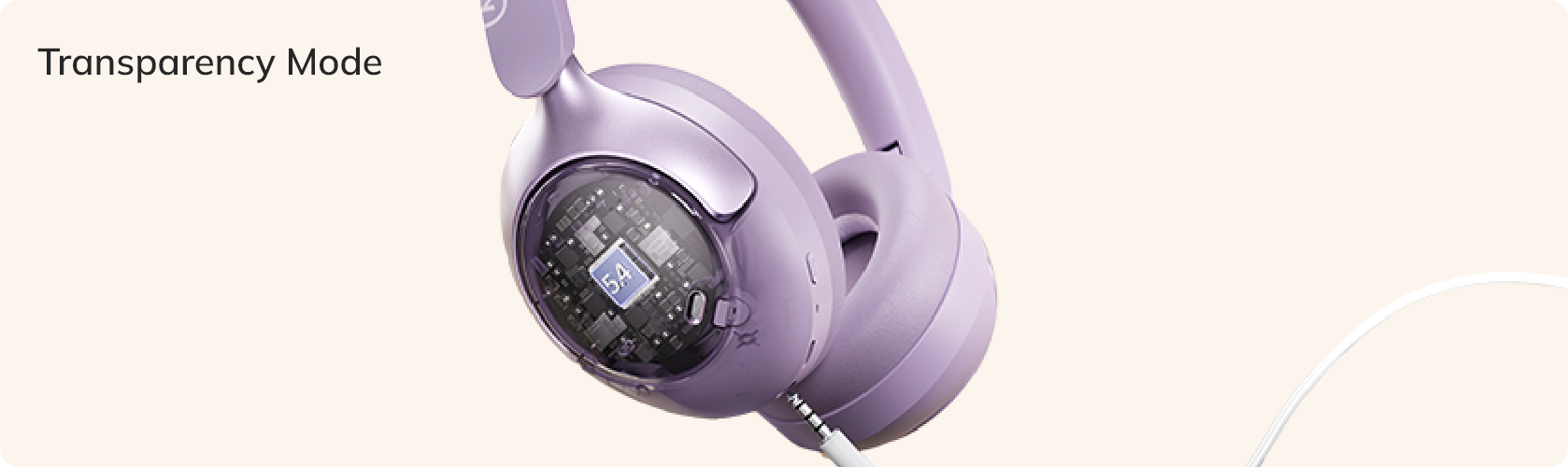 Auriculares Lila Over-Ear con modo de transparencia y interior visible, conexión por cable.