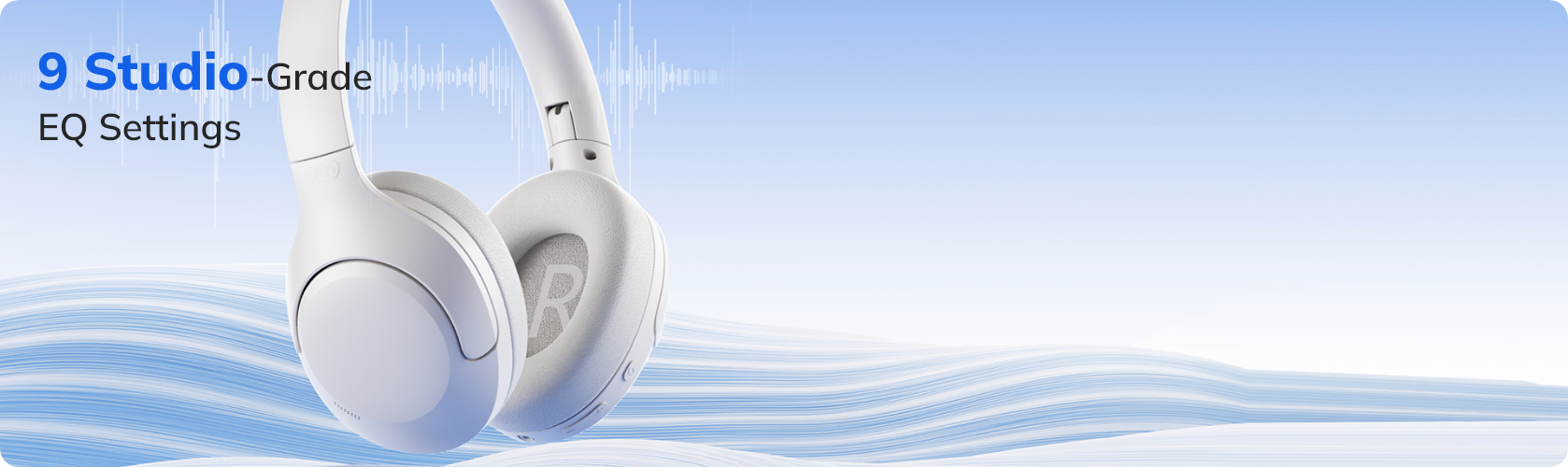 Auriculares blancos Over-Ear con 9 ajustes de ecualizador de calidad de estudio, ondas azules de fondo.