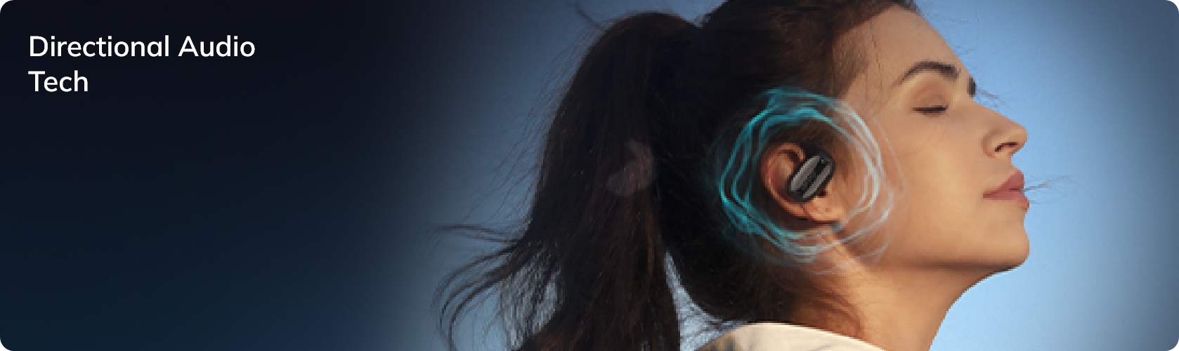 Mujer con tecnología de audio innovadora en el auricular, momento de tranquilidad