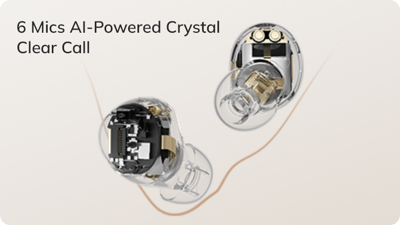 Auriculares intrauditivos transparentes con 6 micrófonos y calidad de llamada cristalina con IA, vista interior detallada.