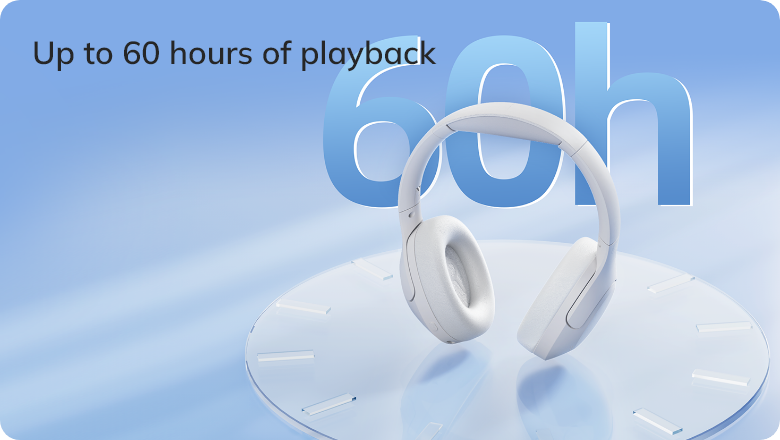 Auriculares blancos Over-Ear con hasta 60 horas de duración de batería sobre fondo azul.