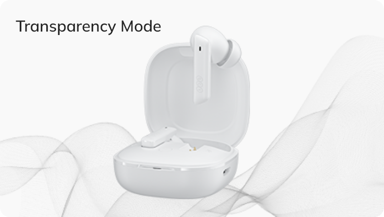 Auriculares inalámbricos blancos en estuche de carga con modo de transparencia, suaves ondas de fondo.