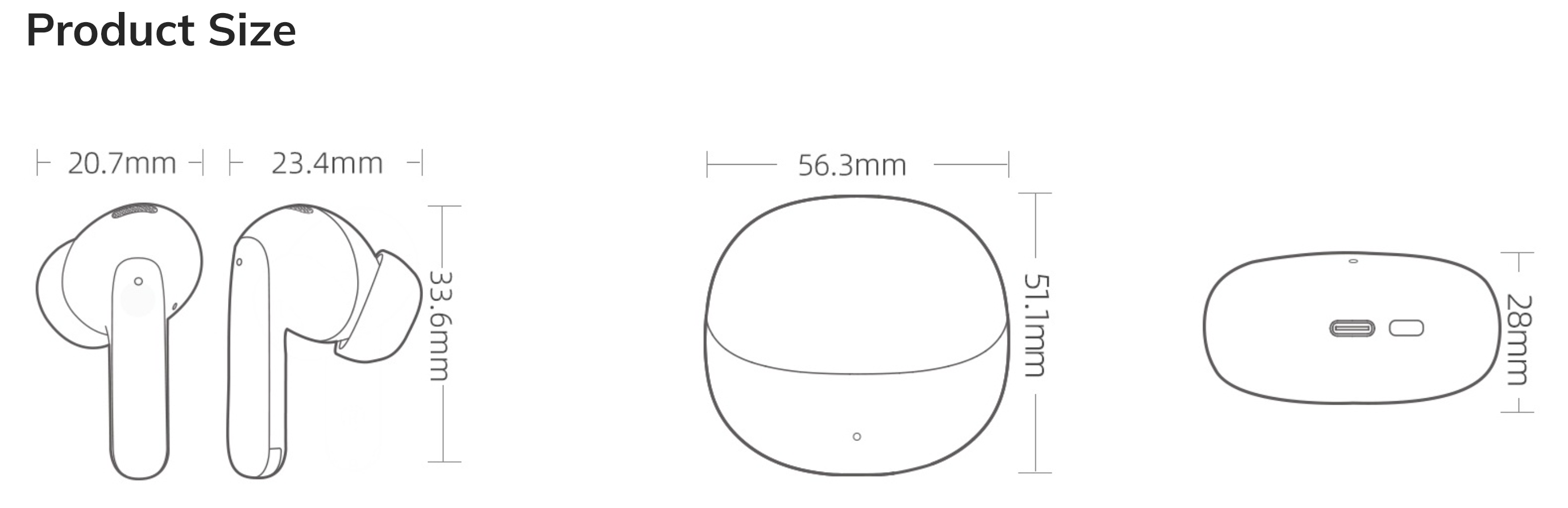 Dibujo técnico de los auriculares inalámbricos y del estuche de carga con dimensiones en milímetros.