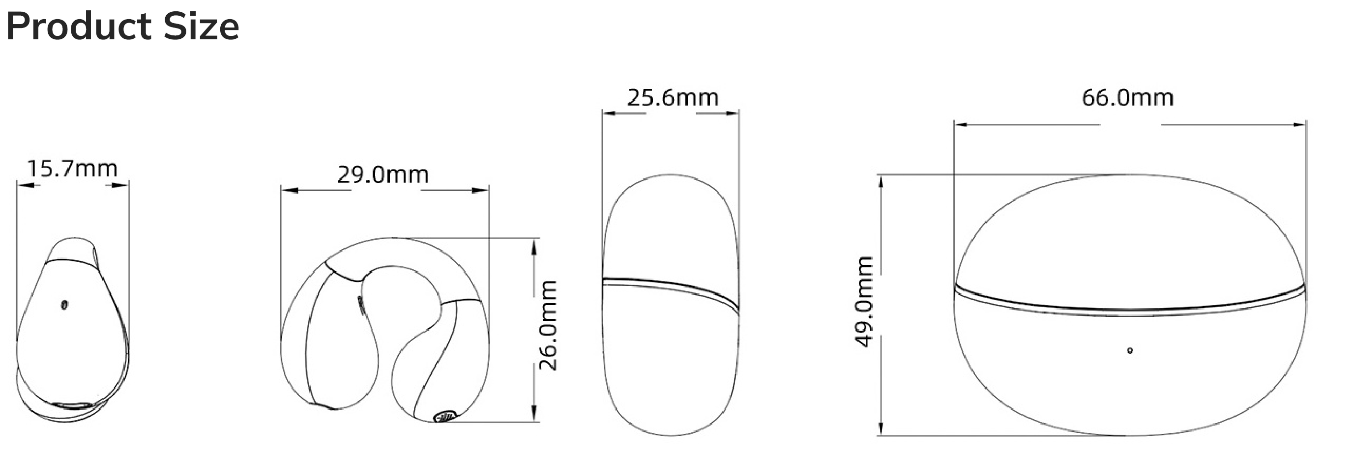 Dimensiones del producto: Auriculares intrauditivos 15,7 x 29,0 mm, estuche de carga 25,6 x 49,0 mm, diámetro total 66,0 mm