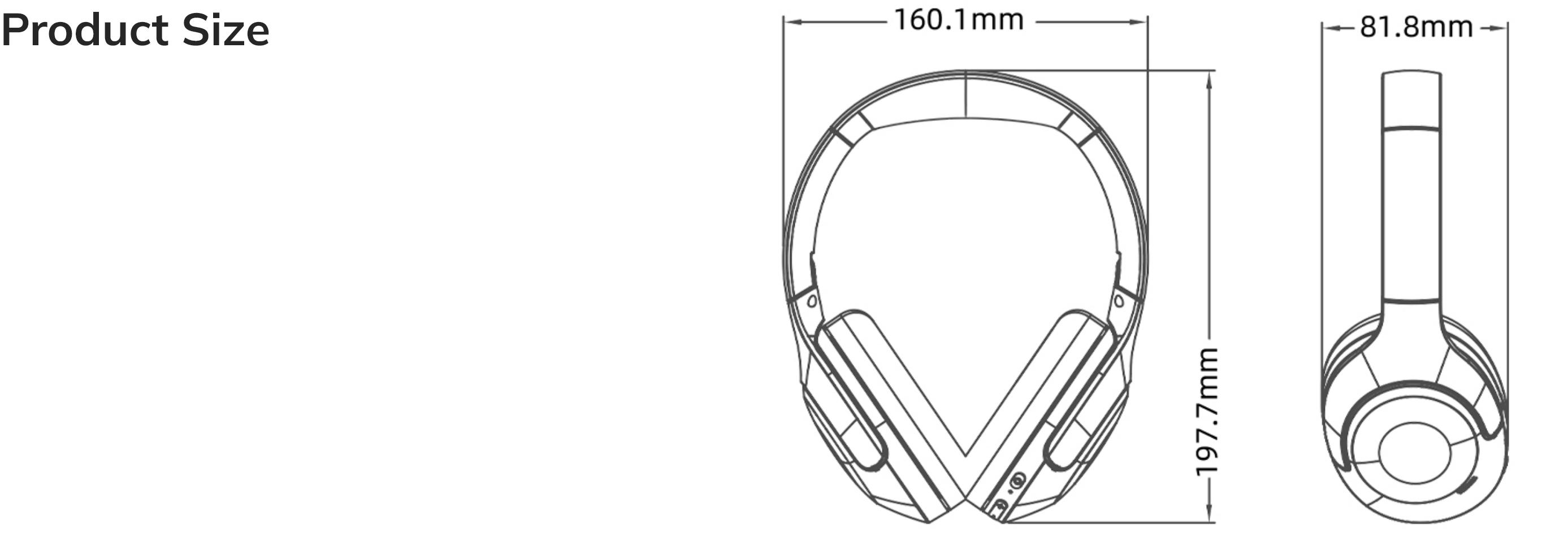 Dibujo técnico: Dimensiones de unos auriculares Over-Ear en vista frontal y lateral con medidas de ancho y alto en milímetros