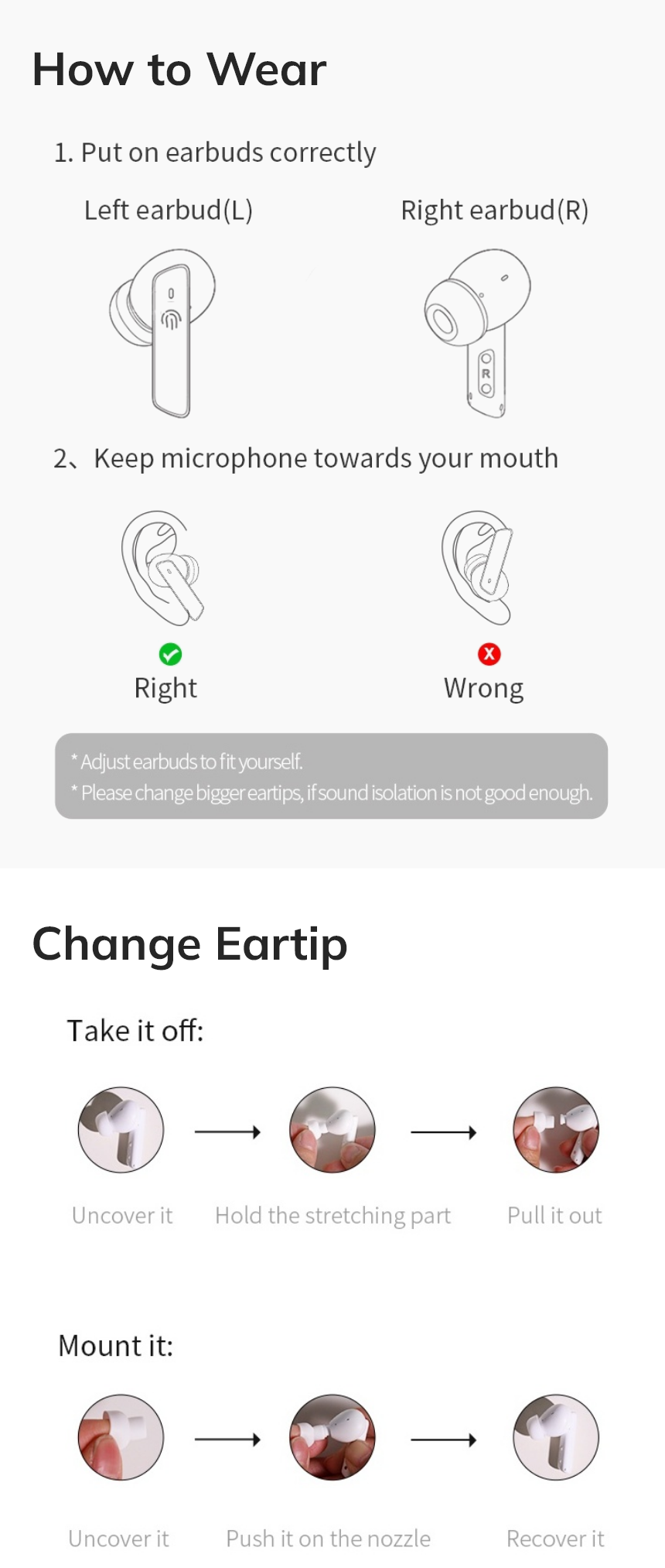 Instrucciones para usar y cambiar los tapones para los oídos de los auriculares inalámbricos.