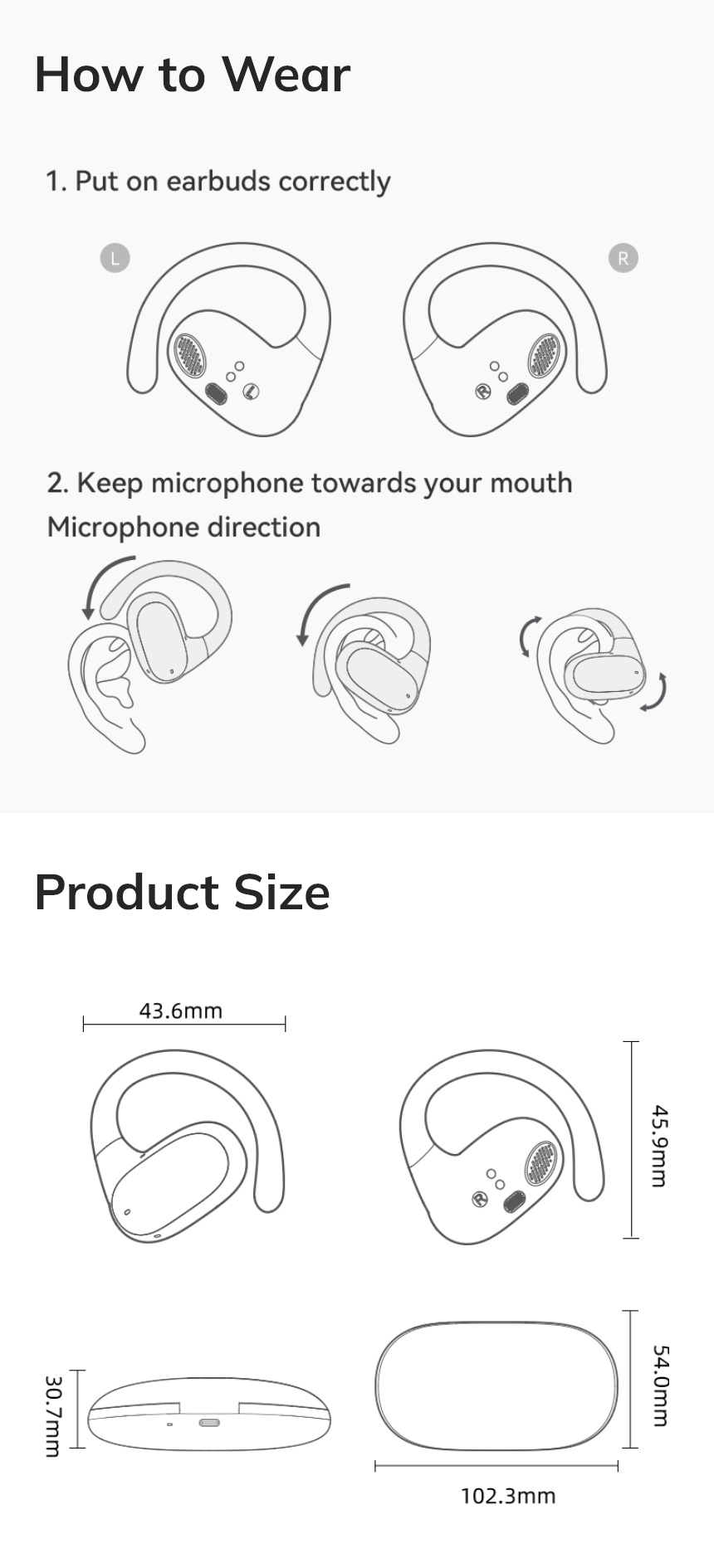 Instrucciones para usar auriculares: colocación correcta y dirección del micrófono, medidas del producto en comparación