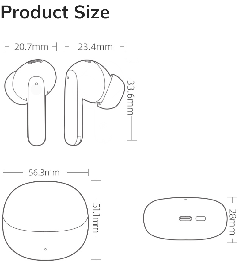 Dibujo técnico de los auriculares inalámbricos y estuche de carga con dimensiones en mm.
