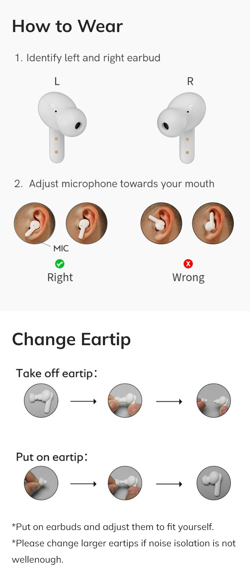 Cómo usar los auriculares: identificar izquierda/derecha, orientar el micrófono hacia la boca, cambiar la almohadilla del oído.