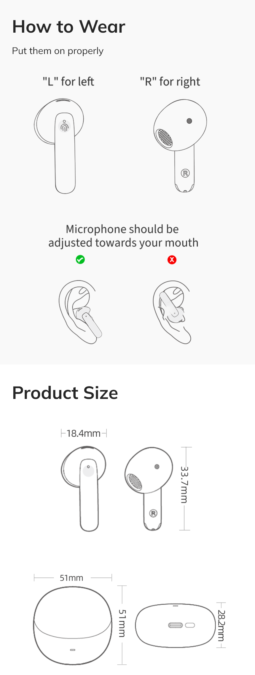 Cómo usar correctamente los auriculares Bluetooth: guía con medidas para los auriculares y el estuche de carga.