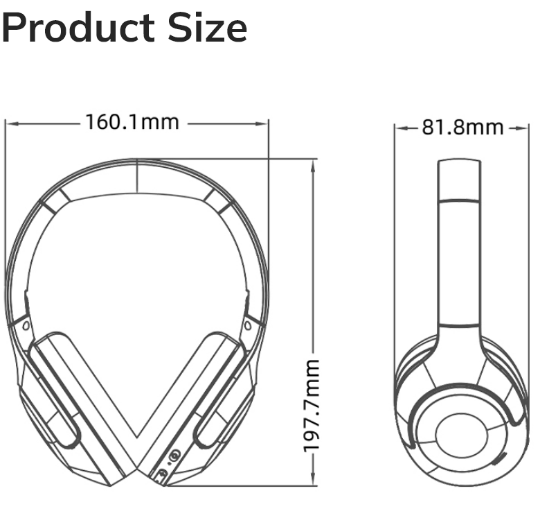Dibujo técnico del tamaño del producto: Auriculares Over-Ear con 160,1 mm de ancho, 197,7 mm de alto y 81,8 mm de diámetro de la almohadilla auricular