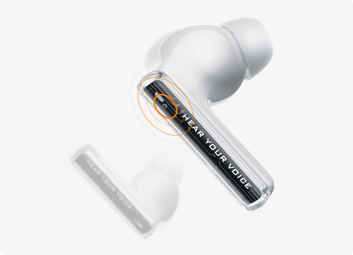 Auriculares inalámbricos blancos con micrófono y la inscripción «HEAR YOUR VOICE».