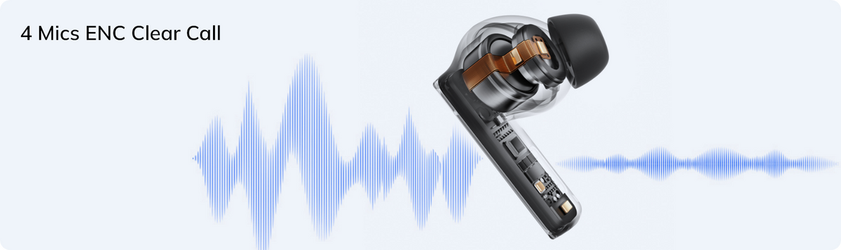 Auriculares intrauditivos con 4 micrófonos para llamadas claras y cancelación de ruido.
