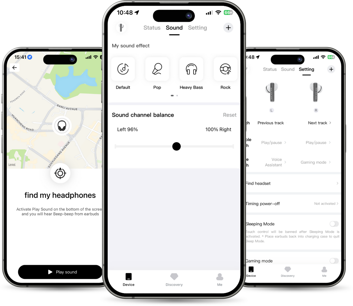 Smartphone muestra configuraciones de auriculares: efectos de sonido, balance de audio y función Buscar mis auriculares.