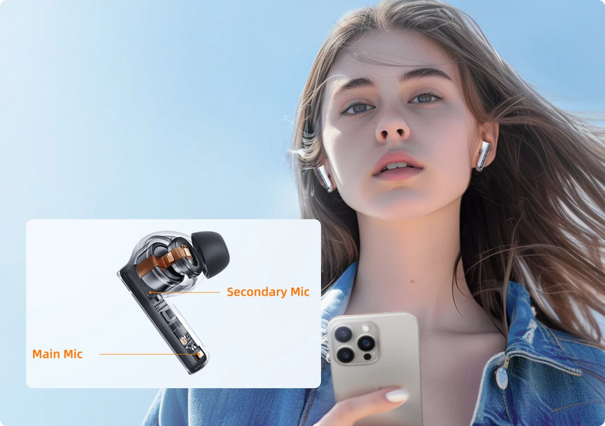 Auriculares inalámbricos con micrófono principal y secundario para una transmisión clara de voz al aire libre