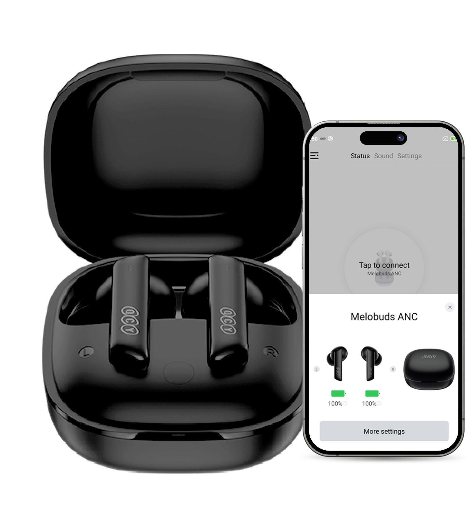 Auriculares intrauditivos negros Melobuds ANC con estuche de carga y aplicación para smartphone para conexión y configuración.