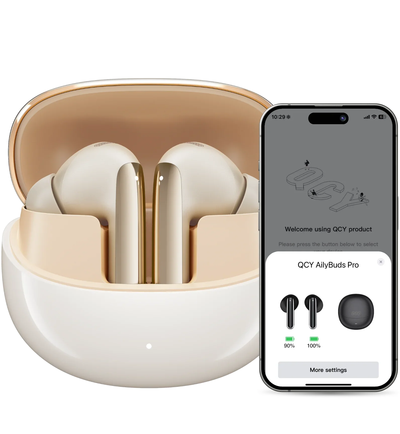 Auriculares QCY AilyBuds Pro en estuche de carga blanco con acento dorado.