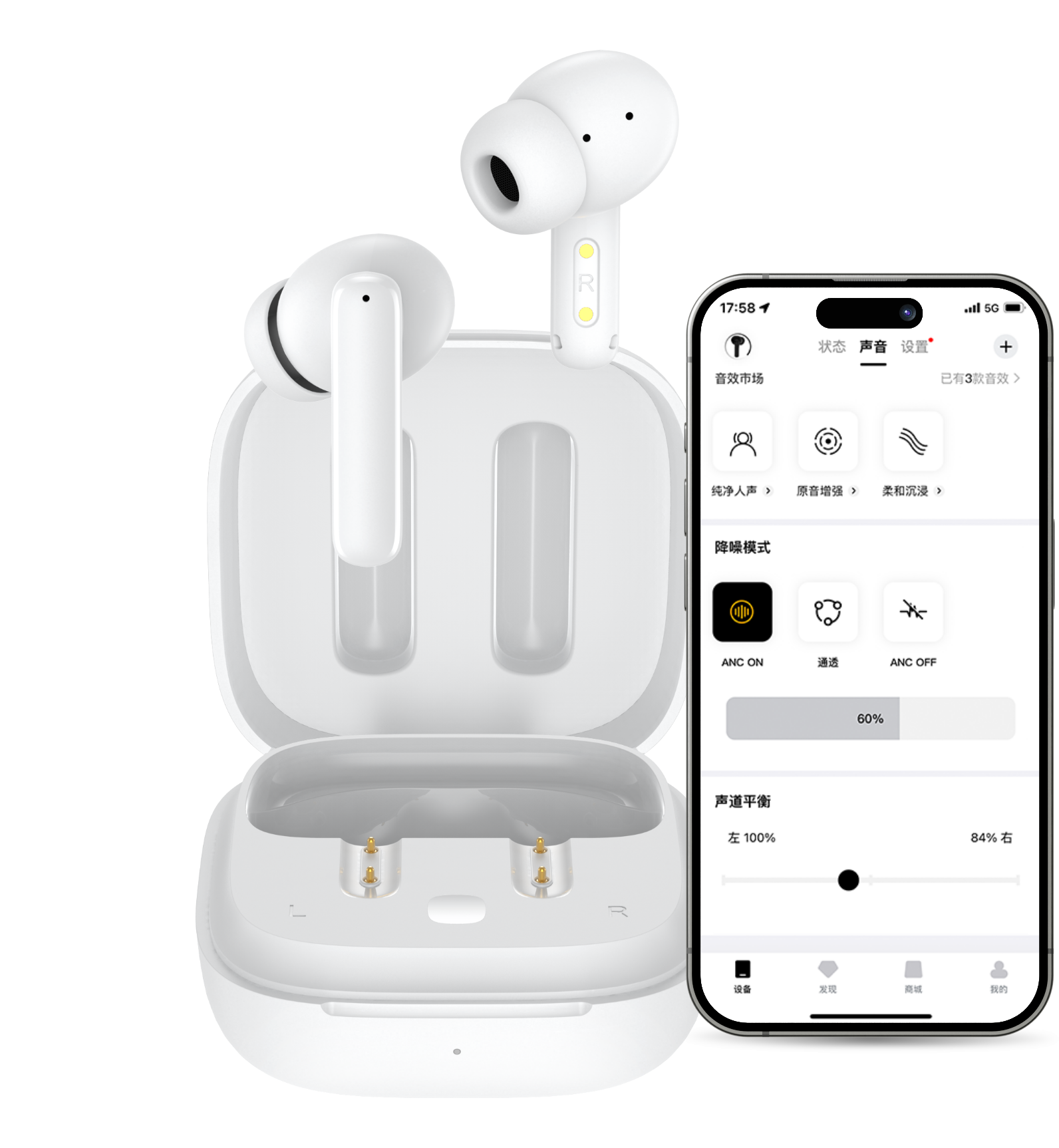 Auriculares True Wireless blancos con estuche de carga y aplicación para smartphone para configuración.