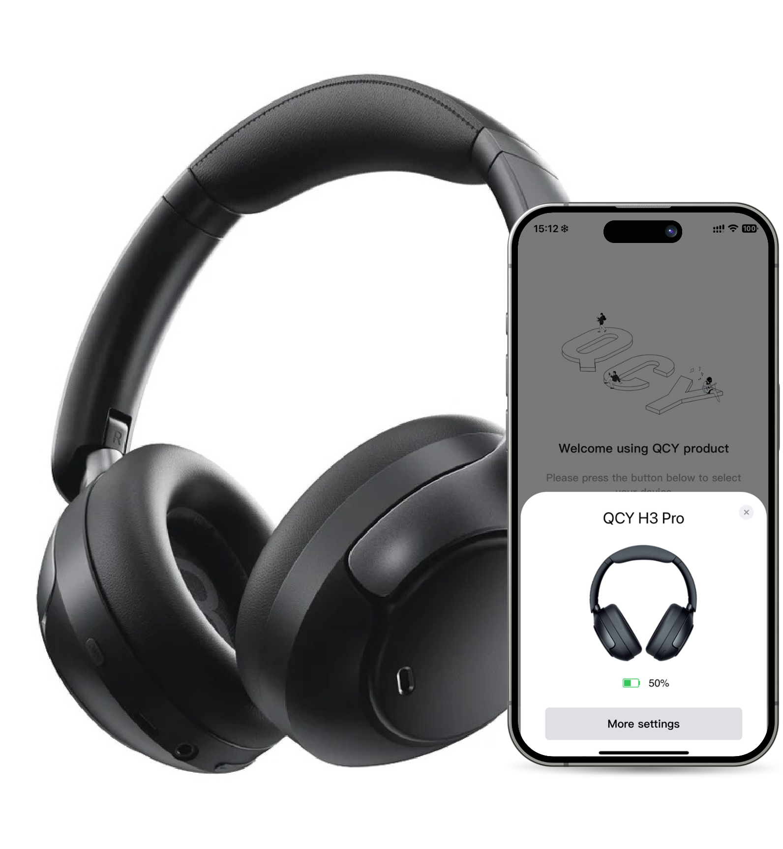 Auriculares QCY H3 Pro negros con aplicación para smartphone para control.