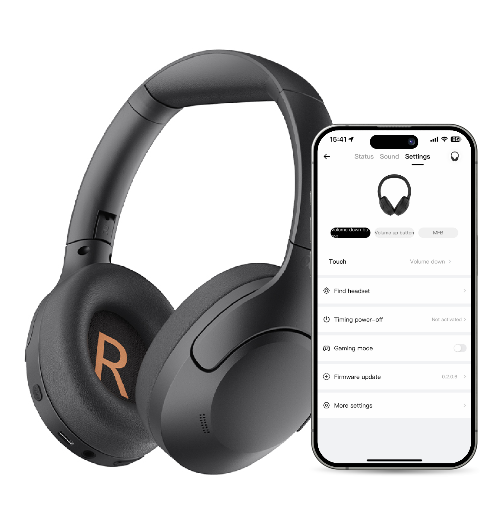Auriculares negros Over-Ear con control por app, manejo táctil y modo gaming: ideales para música y llamadas.