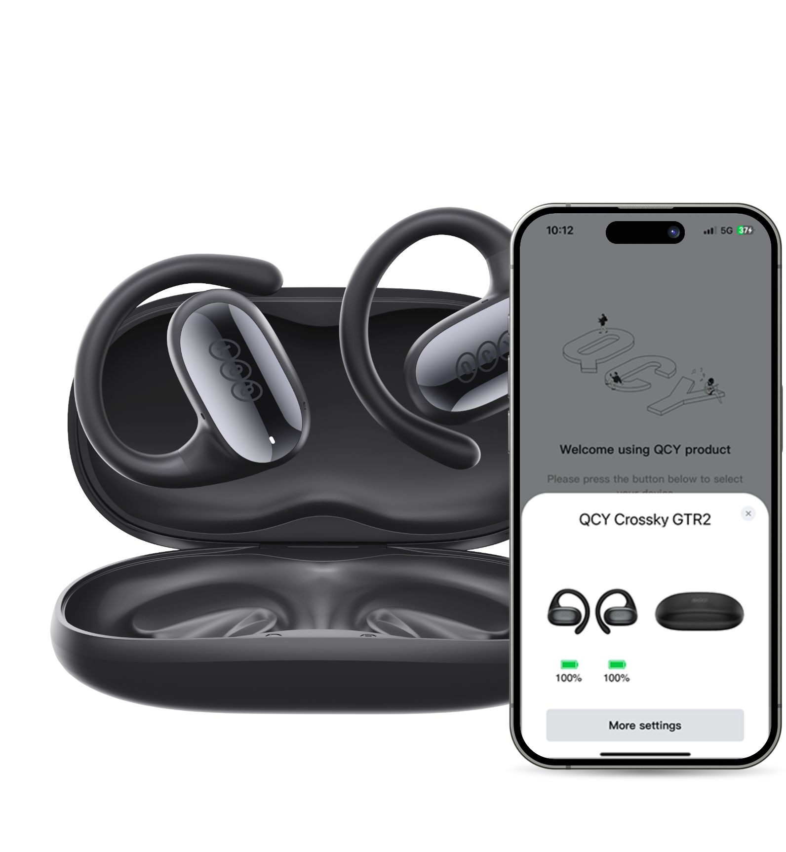 Auriculares QCY Crossky GTR2 con estuche de carga, control por app y indicador de batería al 100%.