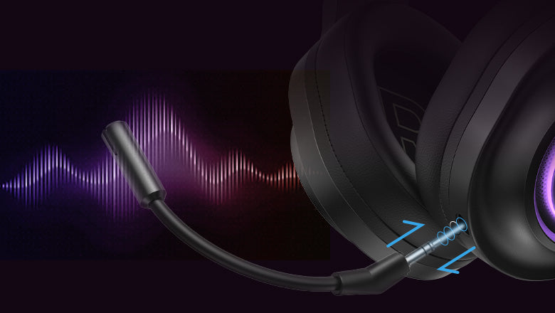 Auriculares para juegos negros con micrófono e iluminación LED violeta