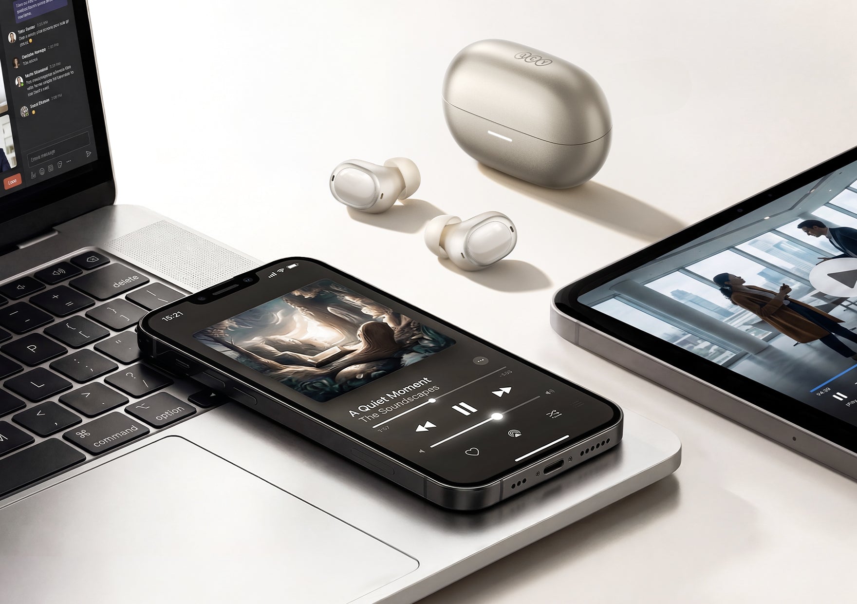 Auriculares inalámbricos blancos con estuche de carga, junto a una laptop y una tableta sobre una mesa blanca.