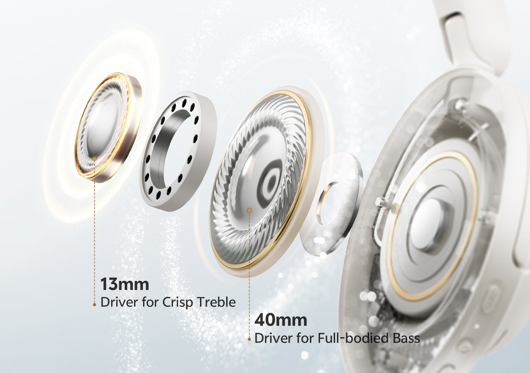 Auriculares de alta calidad con controlador de 13 mm para agudos claros y controlador de 40 mm para graves profundos.