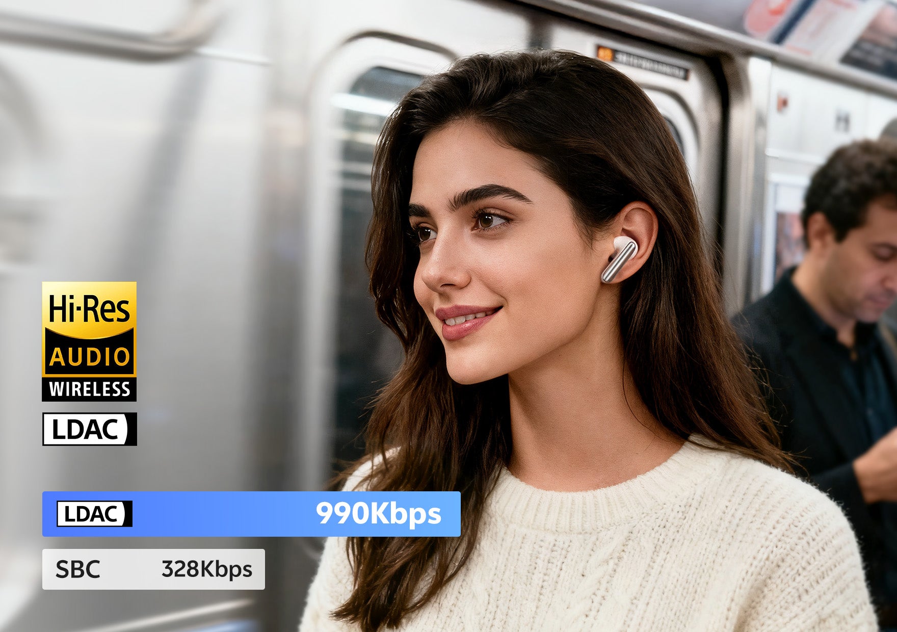 Mujer con auriculares inalámbricos Hi-Res Audio en el metro, LDAC 990Kbps para una reproducción de música de alta calidad en movimiento.