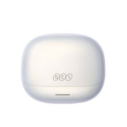 QCY MeloBuds N65 – elegantes auriculares Bluetooth blancos con estuche de carga y diseño moderno.