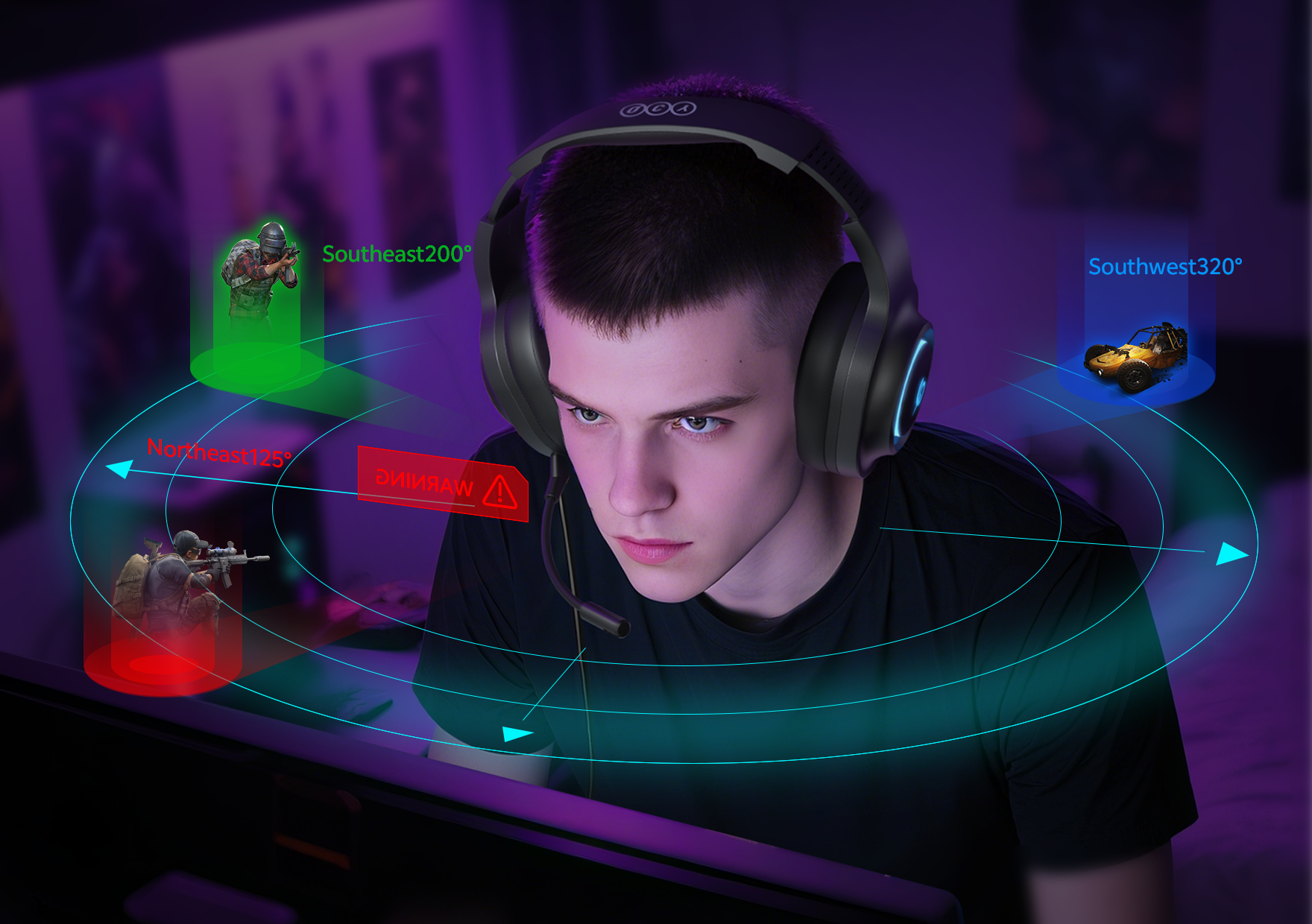 Jugador con auriculares OCA Gaming, visualización de sonido 360° para Battle Royale.