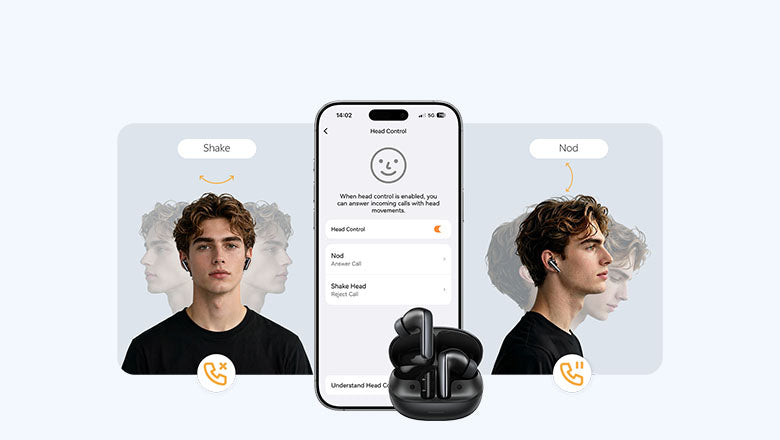 Control de movimiento de cabeza para auriculares inalámbricos: asiente para aceptar, sacude para rechazar llamadas mediante la aplicación del smartphone.