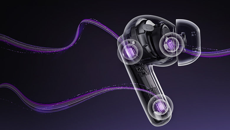 Auriculares transparentes con efecto de luz violeta: diseño moderno para un sonido de alta calidad.