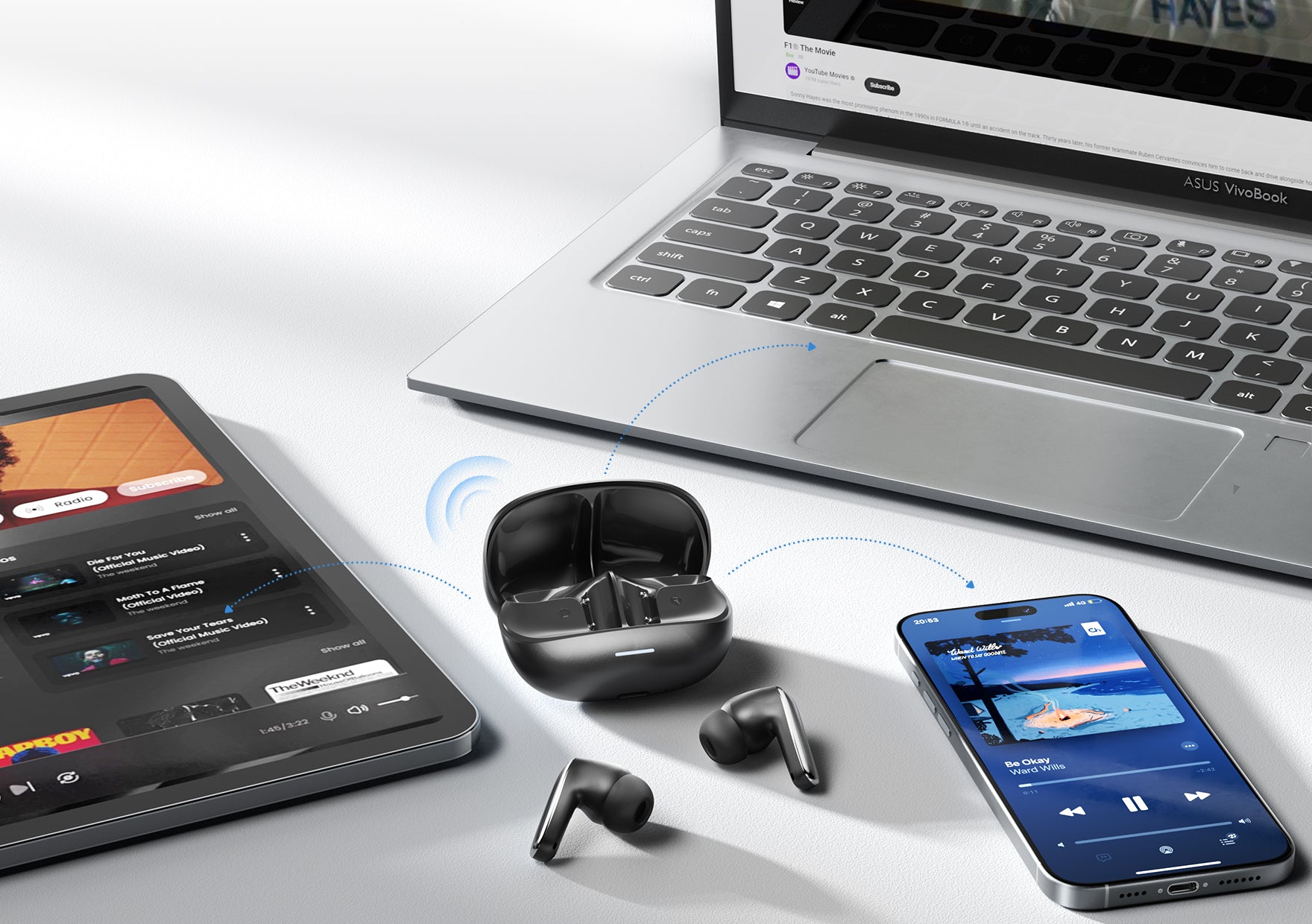 Auriculares inalámbricos con estuche de carga conectados a smartphone, tableta y portátil para streaming de música.