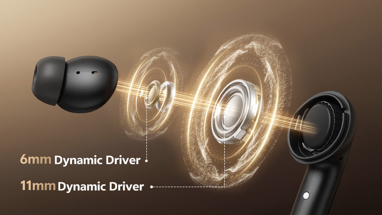 Auriculares intrauditivos con controladores dinámicos de 6 mm y 11 mm para un sonido cristalino.