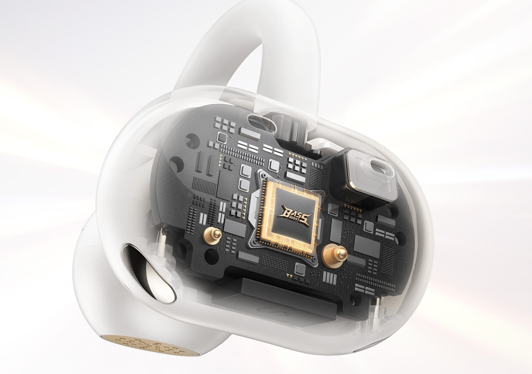 Auriculares transparentes con chip de graves visible y componentes internos, diseño moderno con acentos dorados