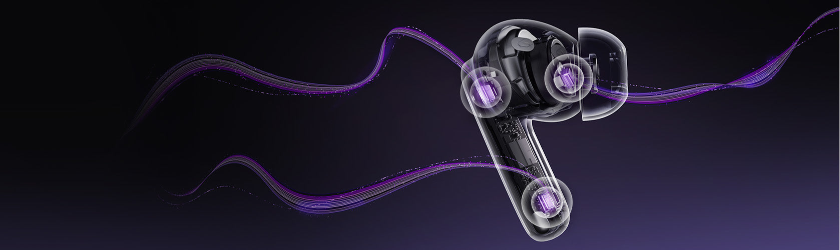 Auriculares intrauditivos transparentes con efectos de luz violeta y flujos de datos fluidos.