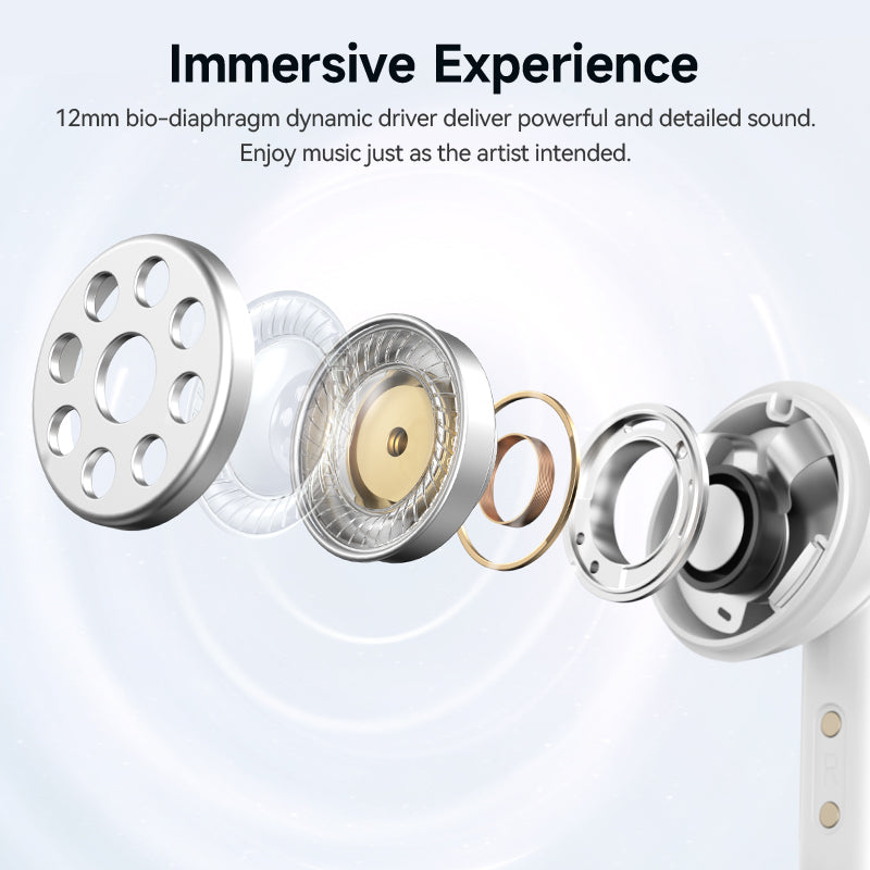 Black QCY Melobuds N50 earbud showcasing 12mm bio-diaphragm dynamic driver for immersive sound experience and detailed audio