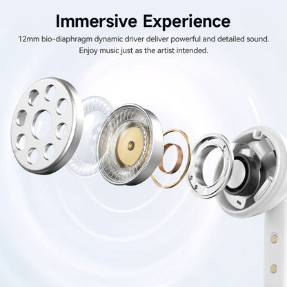 White QCY Melobuds N50 earbud showcasing 12mm bio-diaphragm dynamic driver for immersive sound experience and detailed audio