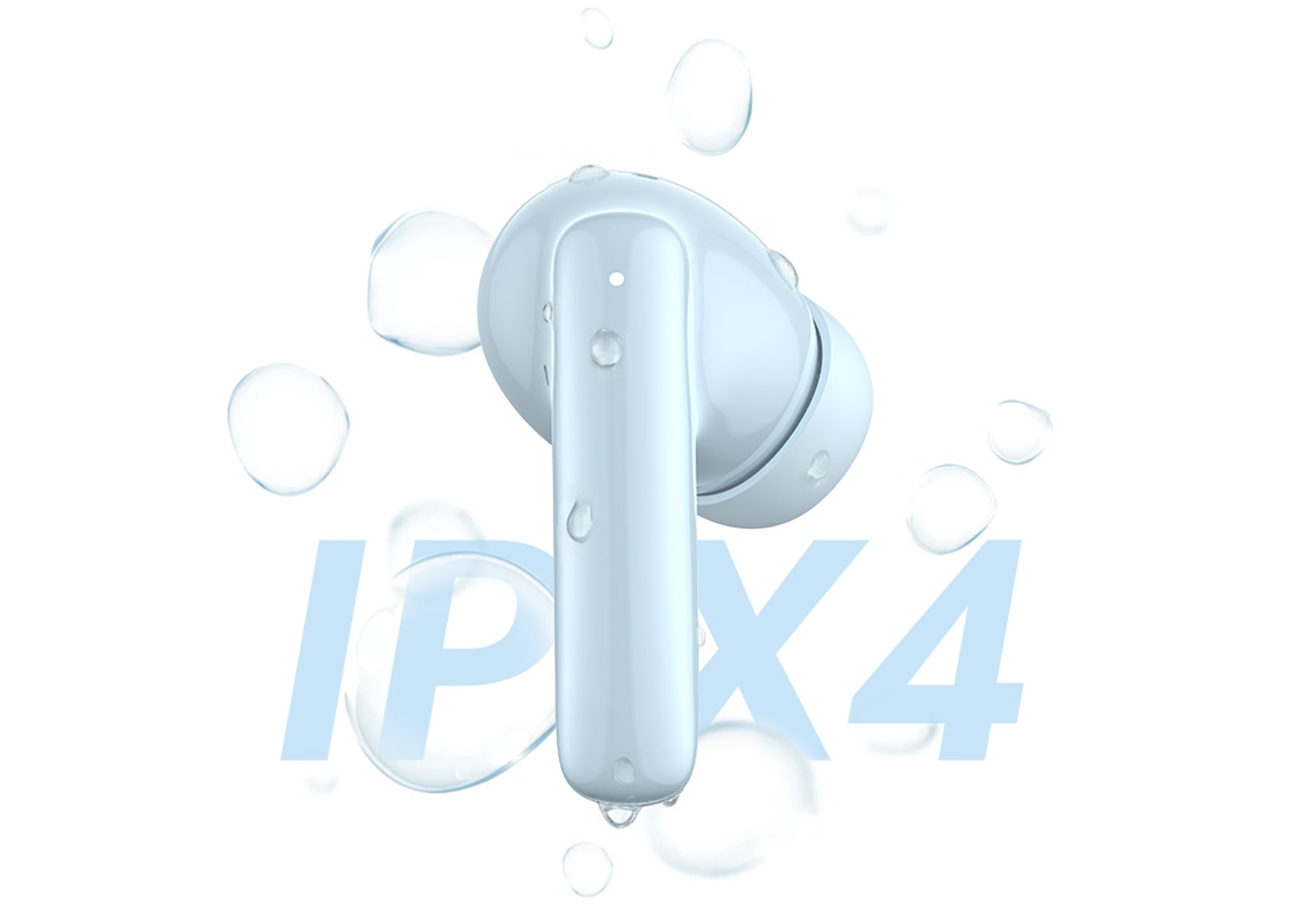 Auriculares Bluetooth resistentes al agua con protección IPX4, rodeados de gotas de agua sobre fondo blanco.