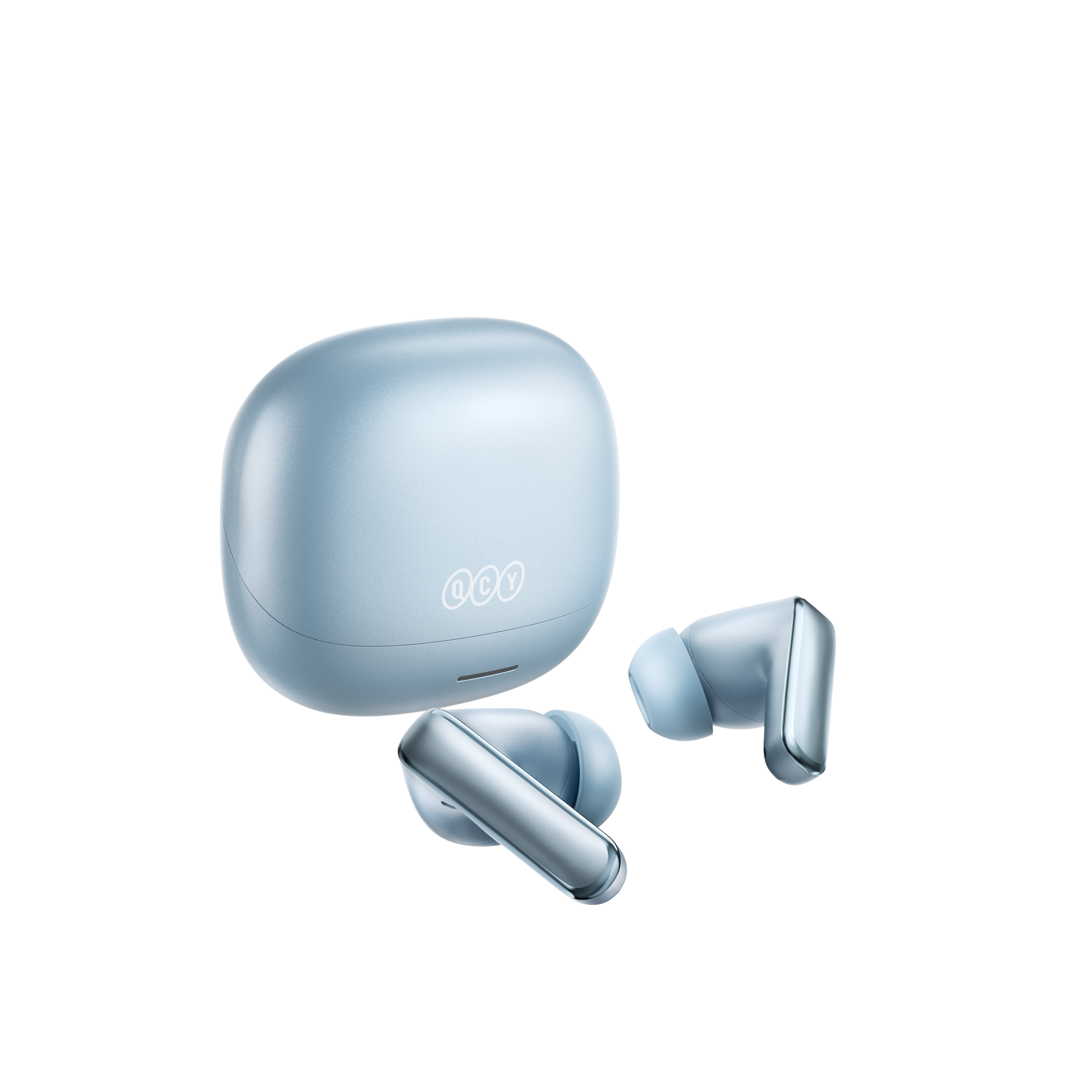 MeloBuds N65 – elegantes auriculares Bluetooth en azul claro con estuche de carga.