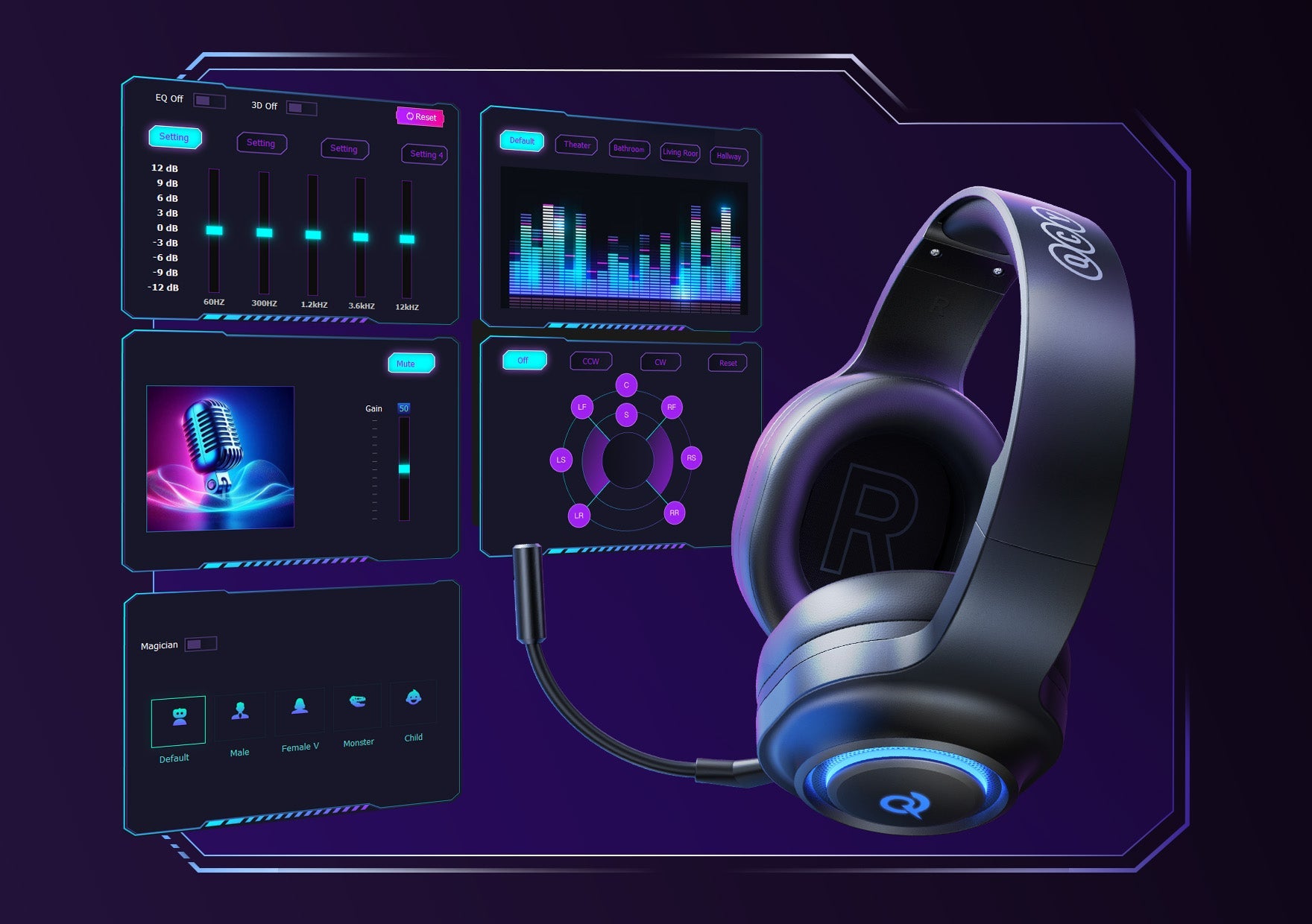 Conjunto de auriculares para juegos negros con luz RGB y una interfaz de software fácil de usar para la personalización de audio.