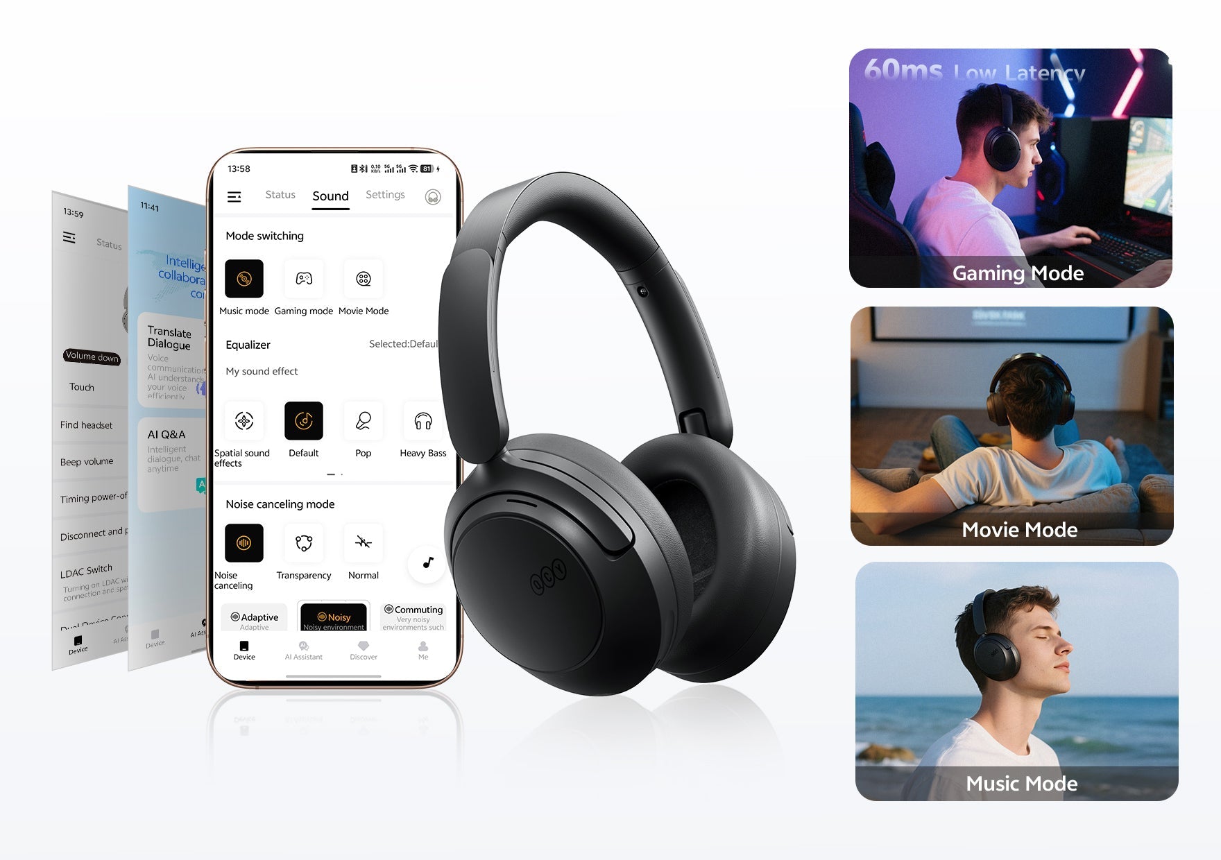 Auriculares inalámbricos negros con control por app, cancelación de ruido y modo gaming.