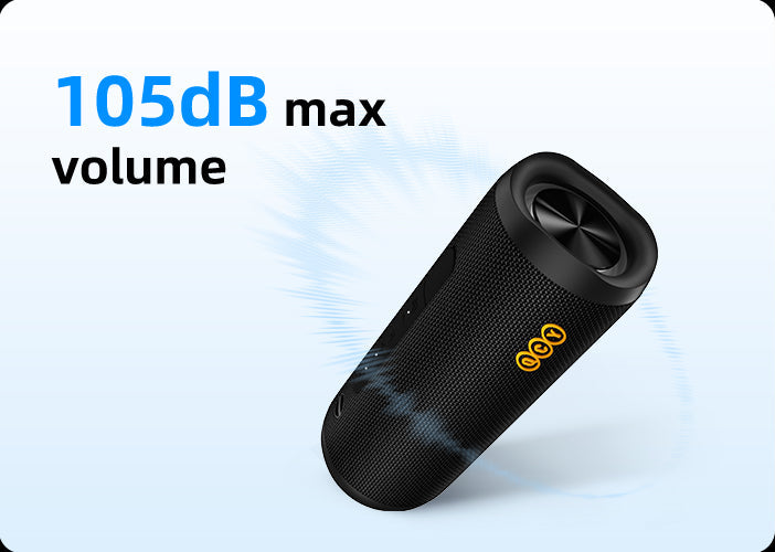 Altavoz Bluetooth portátil con un nivel máximo de 105dB, negro, diseño robusto con pantalla LED y sonido potente.