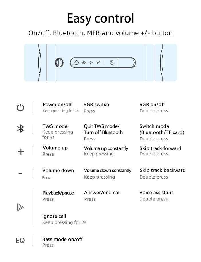 Manual de instrucciones para auriculares inalámbricos: Control fácil con botones de encendido, Bluetooth, MFB y volumen.