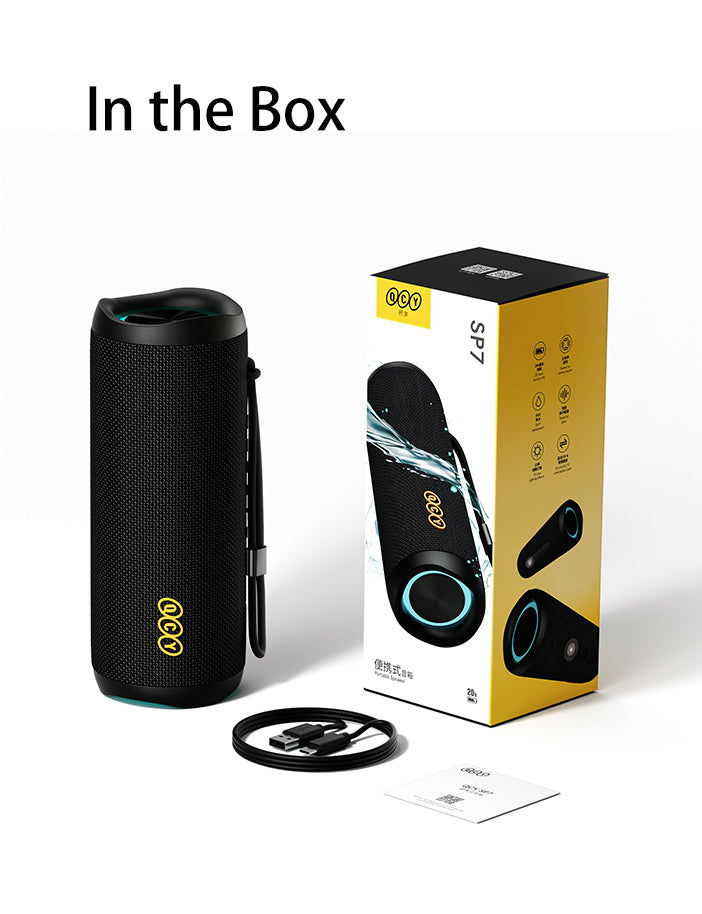 Altavoz Bluetooth portátil OCCO SP7 con cable USB y embalaje.