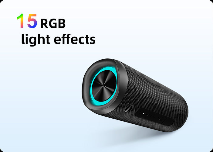 Altavoz Bluetooth portátil negro con 15 efectos de luz RGB y anillo turquesa.
