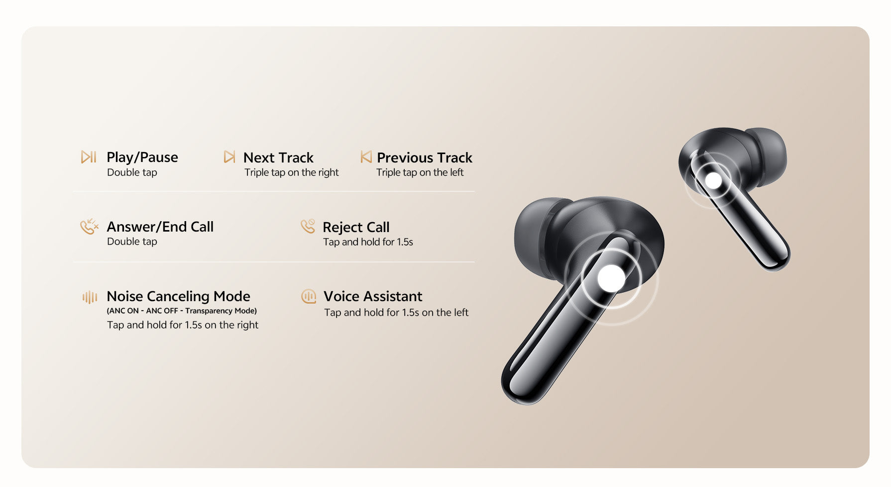 Manual de instrucciones para auriculares inalámbricos: control táctil, ANC y asistente de voz.