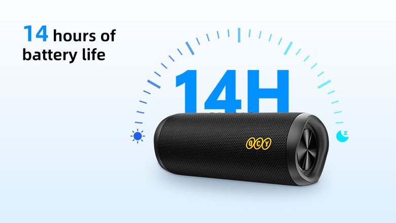 Altavoz Bluetooth portátil negro con 14 horas de duración de batería. Ideal para música en movimiento.