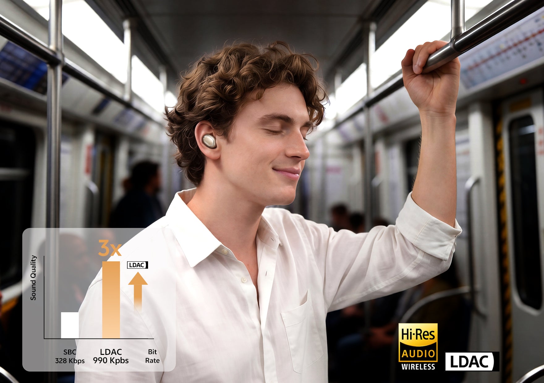 Hombre con auriculares Bluetooth LDAC en el metro.